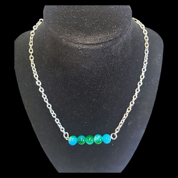 Handmade Blue &‎ Green Glass Ball Bar Charm Silver Tone Chain Necklace 16-19" - Picture 5 of 7
